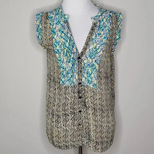 Tolani Silk Boho Printed Sleeveless Button Down Blouse